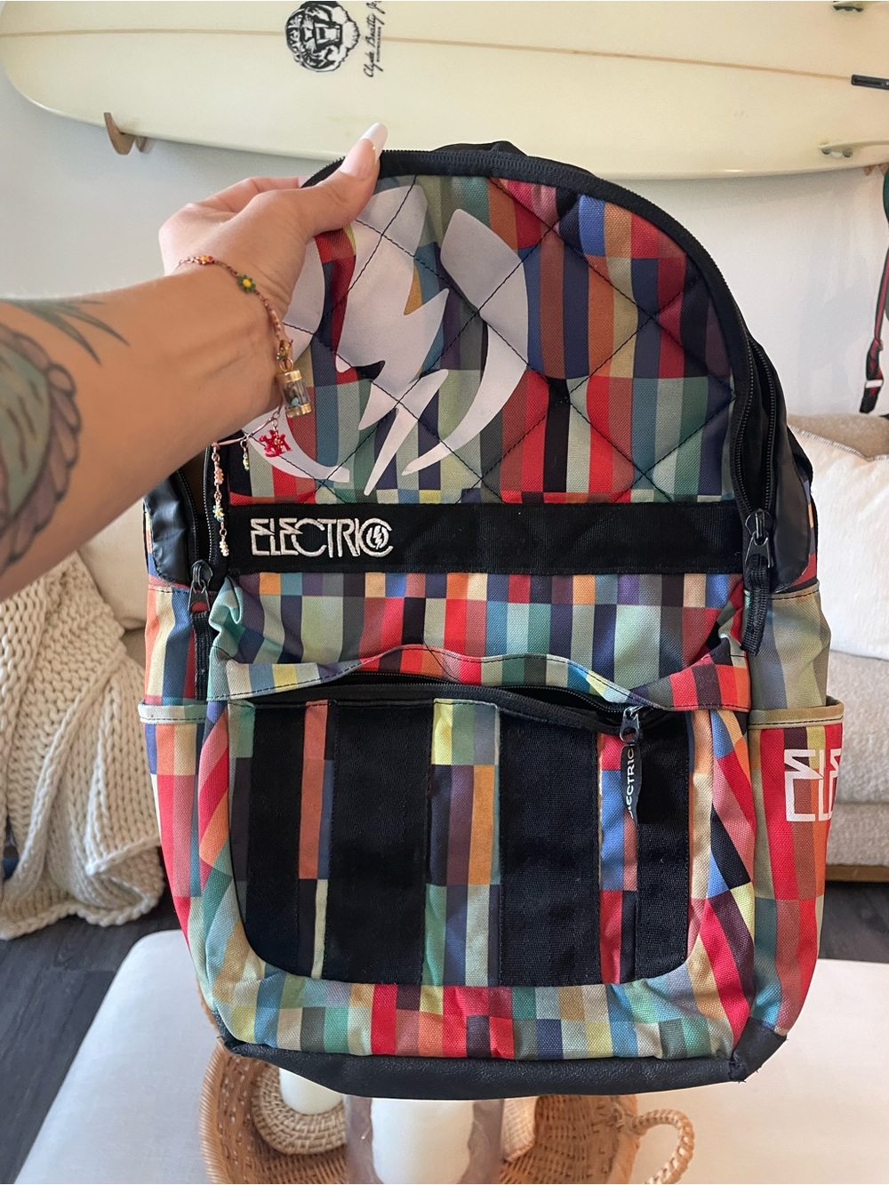 Electric Family Multicolor Vertical Stripe Backpack with Black Accents